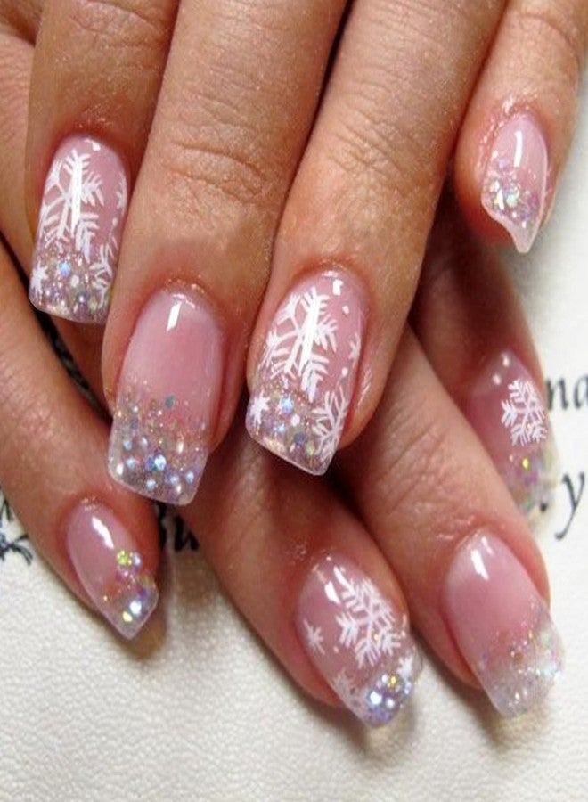 OSTTMA 24Pcs Christmas Snowflake Press on Nails Short Square Fake Nails Winter False Nails with Snowflakes Designs Sparkly Xmas Acrylic Nail Full Cover Glue on Nails for Women Christmas Nail Art Decoration - Image 1